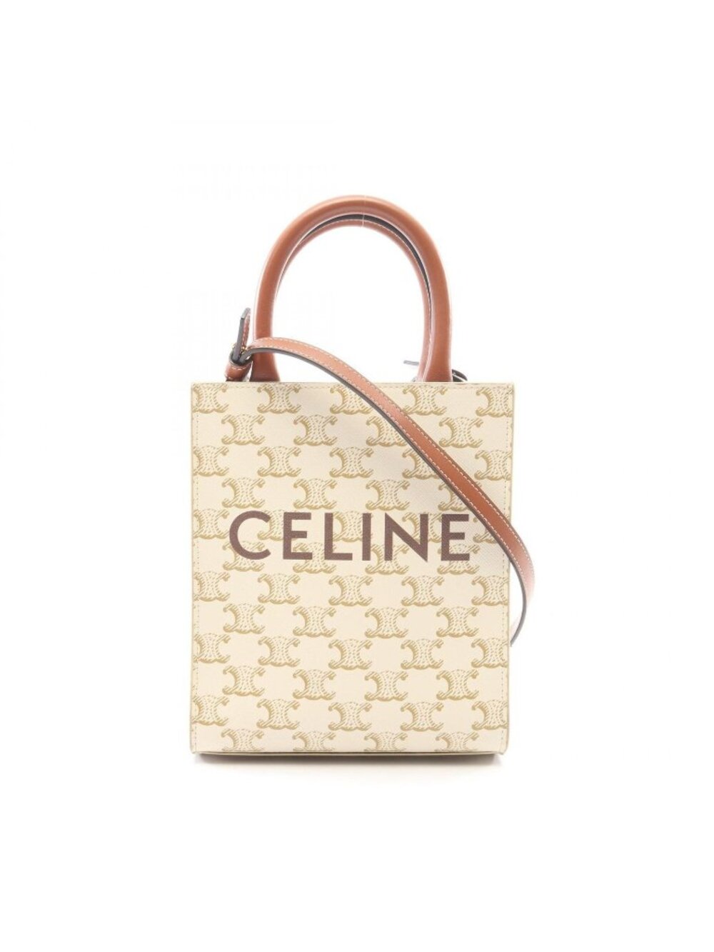 Celine Handbag Mini Vertical Cabas Triomphe 2-Way Ivory Brown Canvas Leather